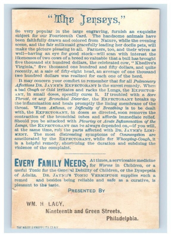 1870's-80's Quack Medicine Wm. H. Lacey Dr. Jayne #2 Victorian Trade Card P24