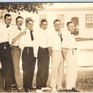 c1910s Group Cool Men Pose RPPC Watch Fob Job Coworkers? Real Photo Dapper A160