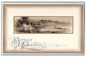 Easter Postcard Houses Scene Lake Boat Winsch Back Embossed c1910's Antique