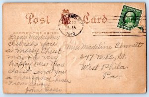 1910 CHRISTMAS GREETINGS COSTUME BOY KISSES GIRL JAPANESE LANTERNS POSTCARD