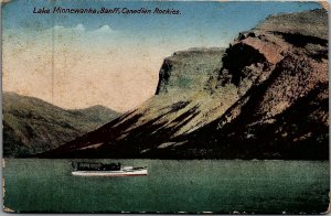 c1910 LAKE MINNEWANKA BANFF CANADIAN ROCKIES TOUR BOAT LAKE POSTCARD 26-133