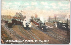 Toledo Ohio Union Passenger Station Steam Trains Postcard 1900s Posted