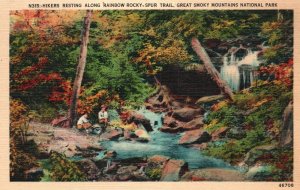 Vintage Postcard Hikers Resting Along Rainbow Rocky-Spur Trail Great Smoky Mts.