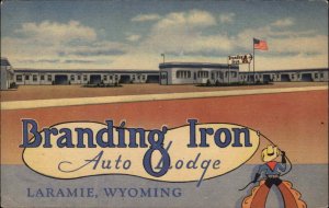 Laramie Wyoming WY Branding Iron Auto Lodge Cowboy Vintage Postcard