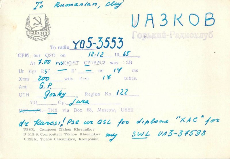 USSR composer Postcard Thikon Khrennikov