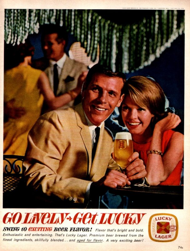 1963 Lucky Beer Couple Dancing Man Holding Glass Lager Vintage Print Ad  1246