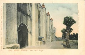 Postcard C-1905 California San Gabriel Mission door steps hand colored CA24-3484