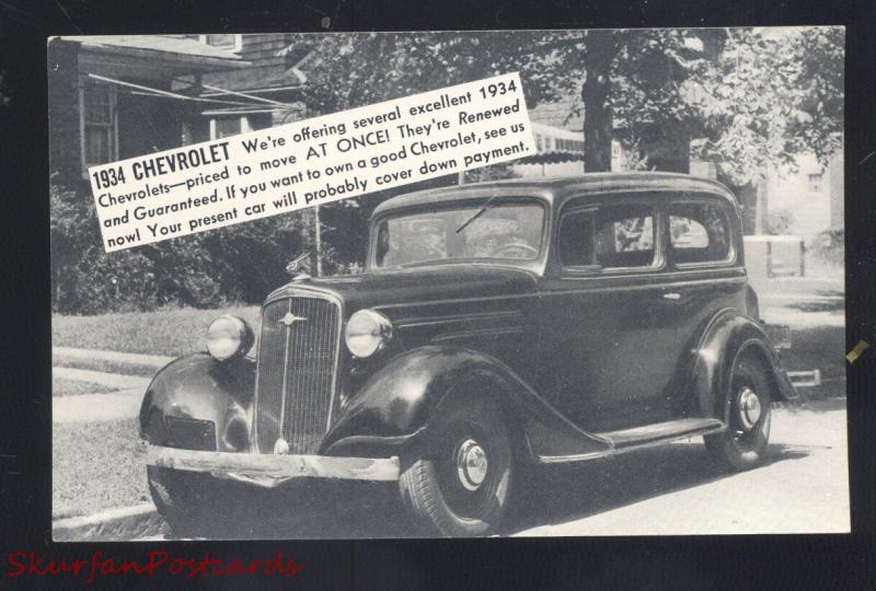 1934 CHEVROLET SUMNER IOWA VINTAGE CAR DEALER ADVERTISING POSTCARD