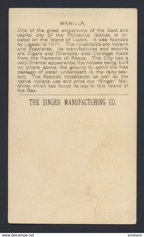 MANILA - Singer Treadle? Hand Sewing Machine c.1892 Victorian Trade Card