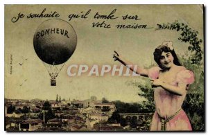 Old Postcard I Wish that it fell on your house Mongolfiere Woman