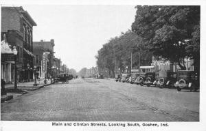 Goshen IN Main & Clinton Streets Business District Old Car​s Postcard