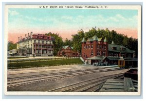 Plattsburg NY, D & H Depot And Foquet House Train Railroad Station Postcard