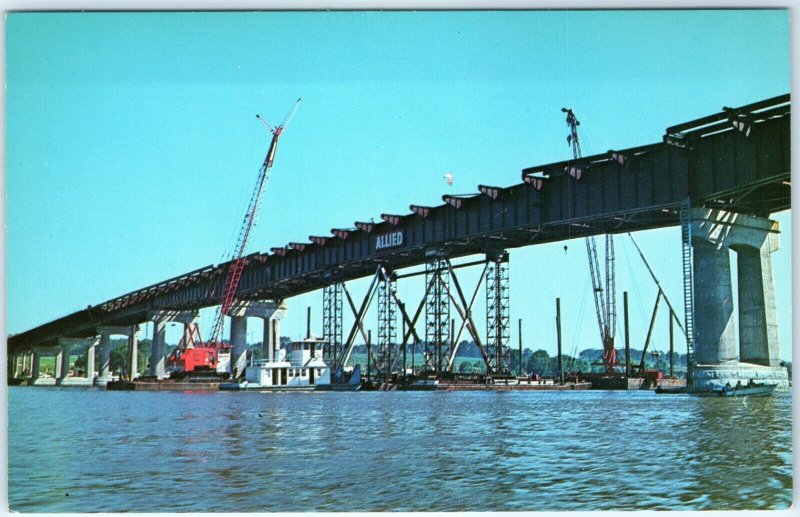 1966 LeClaire, IA Route 80 Bridge Construction Crane Barge Mississippi Vtg A126