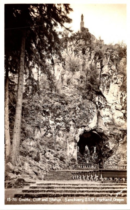 Oregon Portland Santuary Groto Cliff and Statue Real Photo