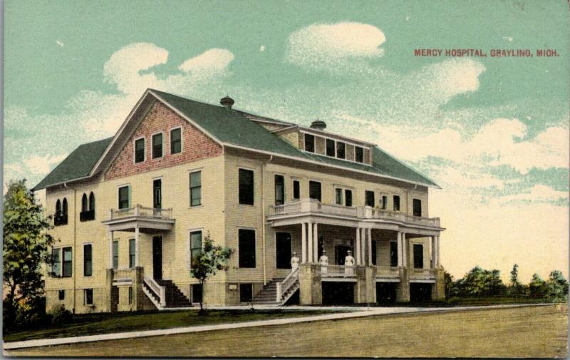 Grayling Michigan~Mercy Hospital~Nurses in Uniform on Porch~1908 Postcard 
