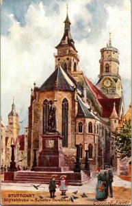 Tucks 653 B Stuttgart, Stiftskirche U. Schiller Denkmal Vintage Postcard G75