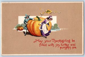 Thanksgiving Postcard Pilgrims With Giant Pumpkin Embossed 1914 Antique Posted