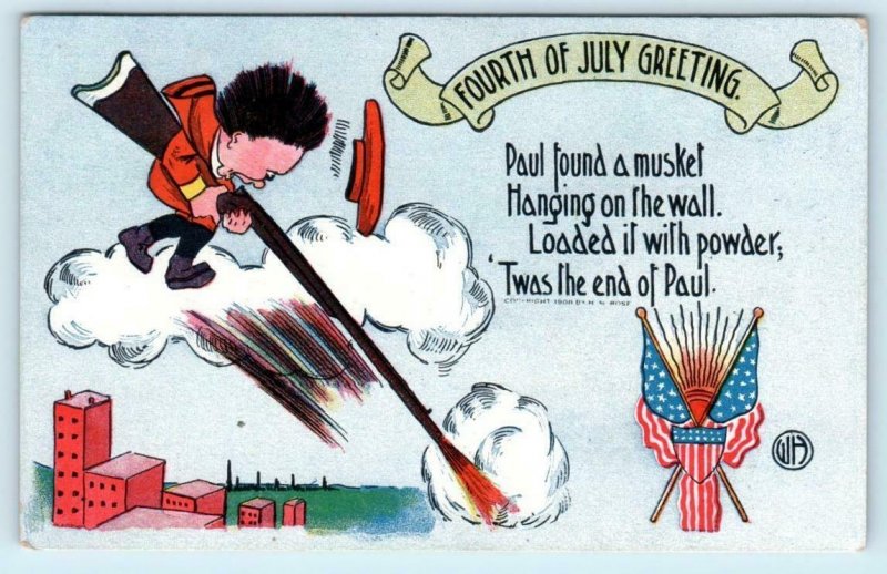 FOURTH OF JULY Greeting PAUL FOUND A MUSKET 1908 Patriotic Flags Postcard