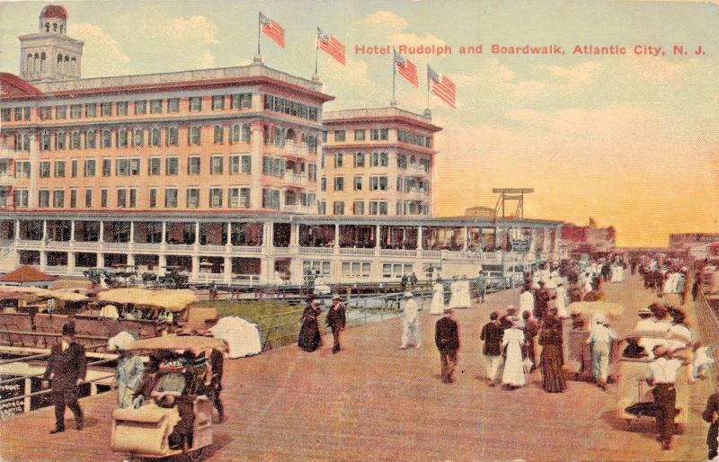 ATLANTIC CITY NEW JERSEY~HOTEL RUDOLPH  & BOARDWALK POSTCARD 1912 PSTMK