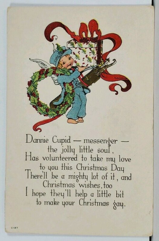 Christmas 1917 Dannie Cupid Messenger Golded Arrows Embossed Postcard L15