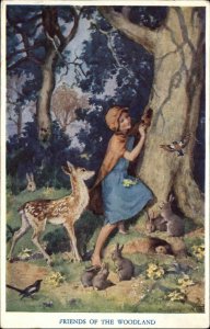 Margaret W Tarrant Deer Bunnies Little Girl Medici Pk 182 Vintage Postcard