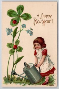 New Year Greeting Darling Girl Watering Can Flowers Ladybugs Postcard C31