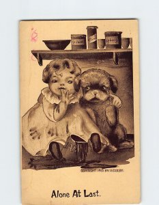 Postcard Alone At Last with Girl eating Jam Dog/Puppy Comic Art Print