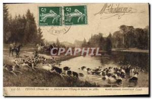 Postcard Old Dogs Dog Hunting hounds has Penne Hallali in & # 1880 39etang Sy...