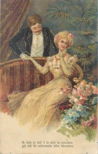 Embossed elegant drawn romantic fancy couple 1907 glamor novelty postcard