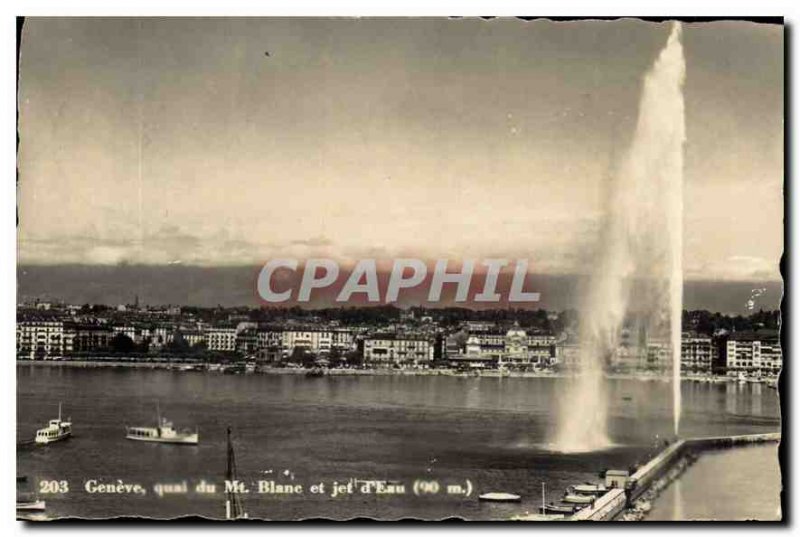 Postcard Old Geneva Mt Blanc dock and water jet