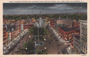 Postcard Public Square Looking East First Baptist Church + Clock  Watertown NY