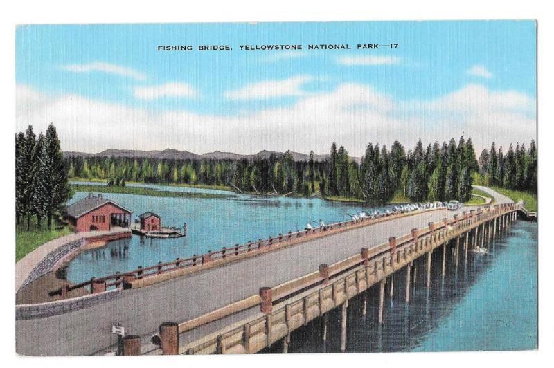 WY Yellowstone National Park Fishing Bridge Linen Postcard