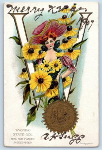 c1910's Large Letter W Wyoming State Girl Seal And Flower Sneeze Weed Postcard