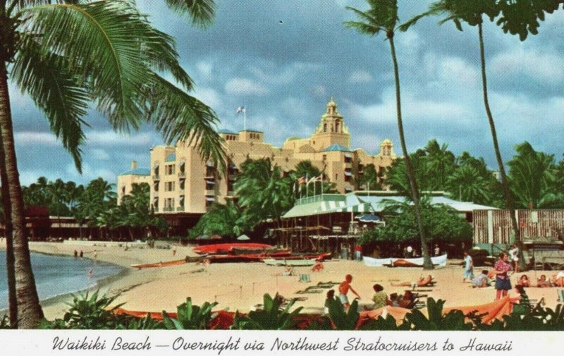 Vintage Postcard Northwest Airlines NWA Hawaii Waikiki Beach Stratocruiser