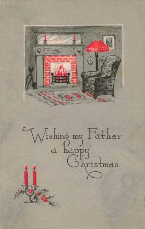 Circa 1921 Fireside Chair Wishing Father a Happy Christmas Postcard
