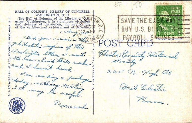 Hall Columns Library Congress Washington DC WB Postcard PM Cancel Clean WOB Note 