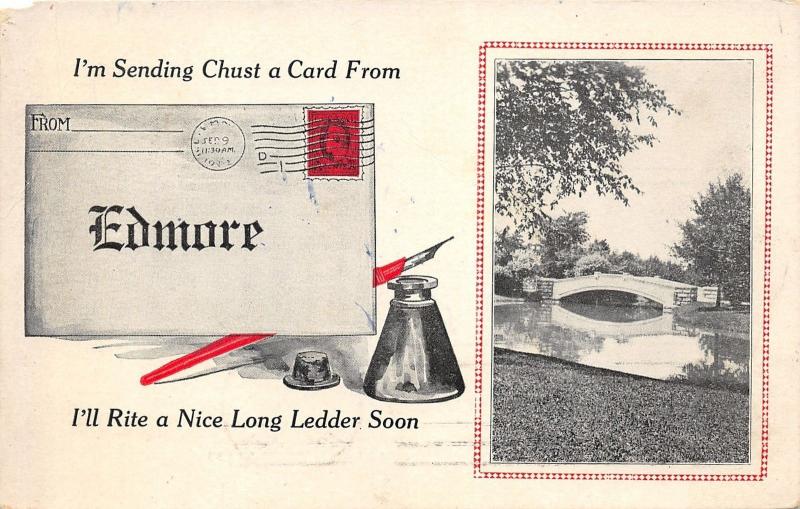 Edmore Michigan~Bridge over Water~Sending Chust A Card-Rite Letter Soon~1913