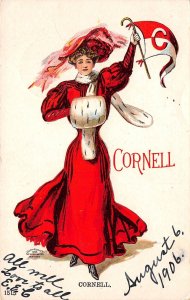 Ithaca New York Cornell College Woman W/ Pennant, Undivided Back Postcard U9198