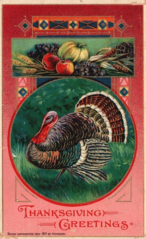 Vintage Postcard 1912 Happy Thanksgiving Greetings Big Turkey Fruits Vegetables