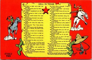 VTG Animated Linen Postcard, Hell In Texas Poem, Cowboys, Horses, Cactus Western