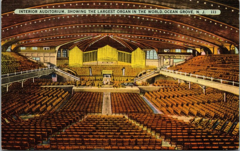 Vtg 1930s Interior Auditorium Largest Organ Ocean Grove New Jersey NJ Postcard