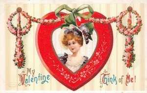 VALENTINE HOLIDAY WOMAN HAT HEART THINK OF ME EMBOSSED POSTCARD 1118 (c. 1909)