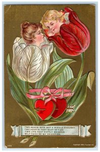 1909 Valentine Two Heads Flowers Hearts Arrow Embossed Minneapolis MN Postcard