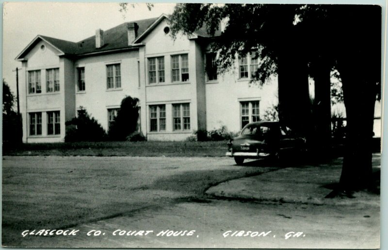 Vtg Postcard RPPC 1940s Gibson Georgia GA Glascock County Court House Car S21