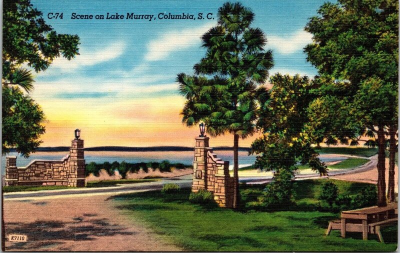 Scene Lake Murray Columbia SC South Carolina Sunset Linen Postcard VTG UNP 