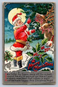 J99/ Santa Claus Christmas Postcard c1910 Nash Reindeer Moon 404