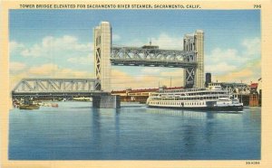 California Sacramento Tower Bridge River Steamer Plitz linen Postcard 22-9526