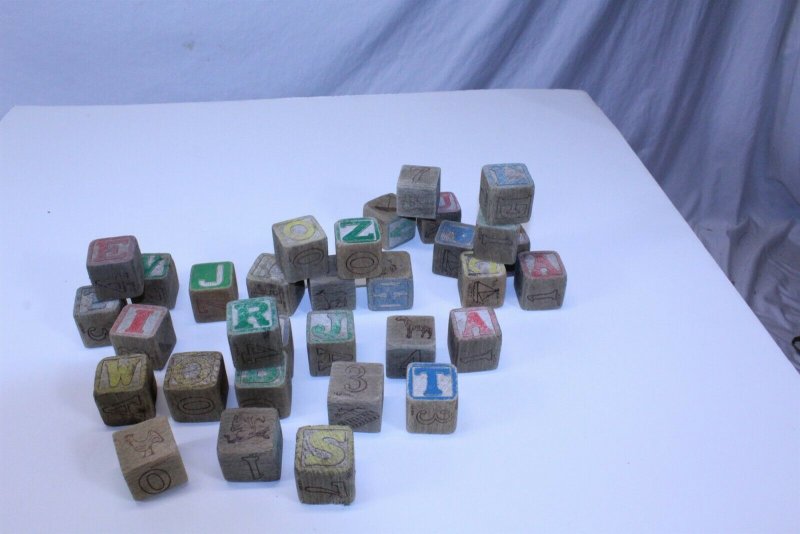 Vintage Collectible Attic Find 32 Wood Blocks Colored Letters #'s Animals 1 1/4