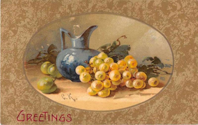 Greetings Grapes with Pitcher Still Life Signed Klein Winsch Postcard J52279