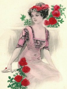 c1910 Woman in Pink Dress w/ Roses G&B Antique Handcolored Postcard 